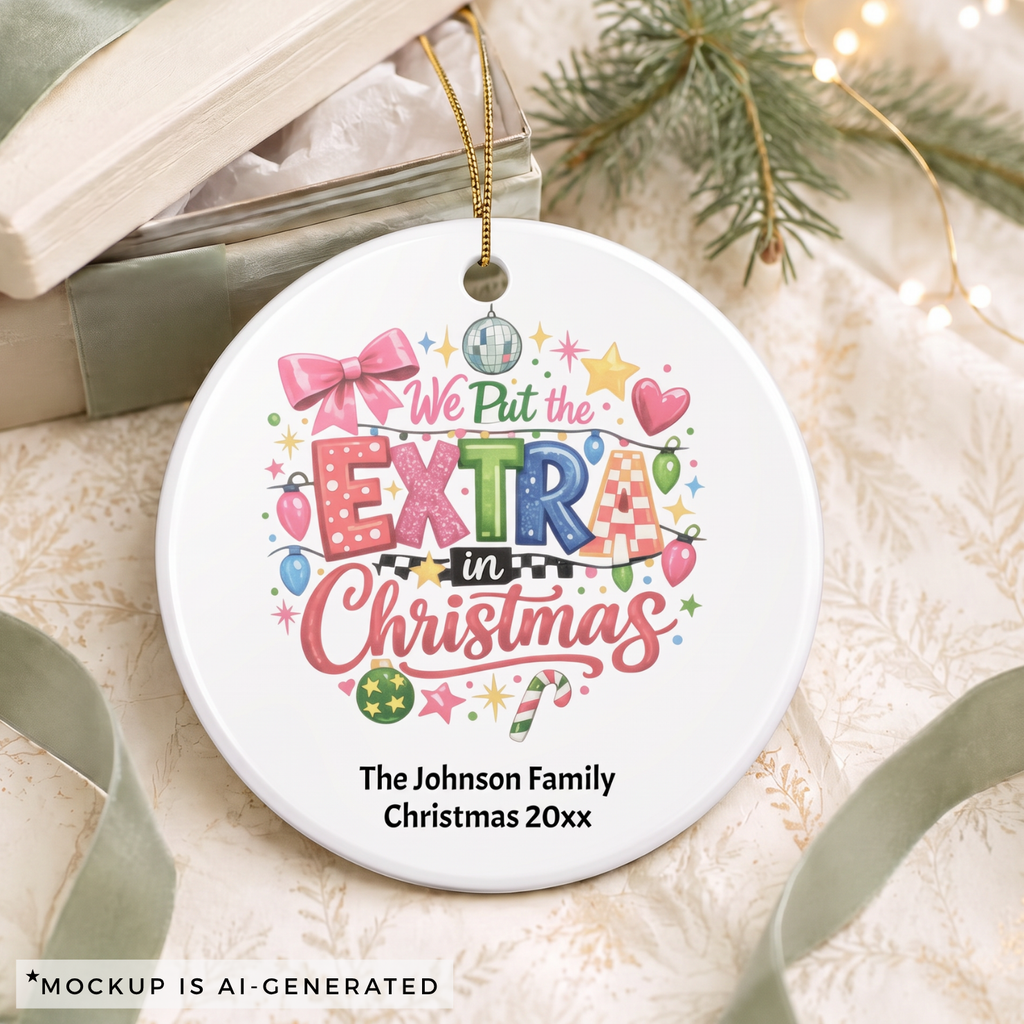 Close-up of the colorful lettering and personalized family name on the Extra in Christmas ornament