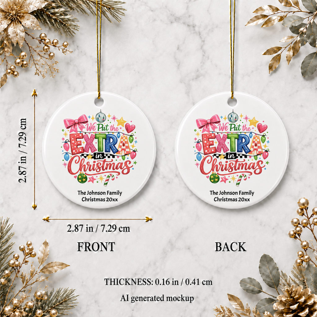 Extra in Christmas family ornament size reference on a ceramic circle