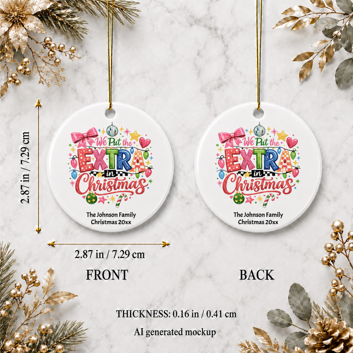 Extra in Christmas family ornament size reference on a ceramic circle