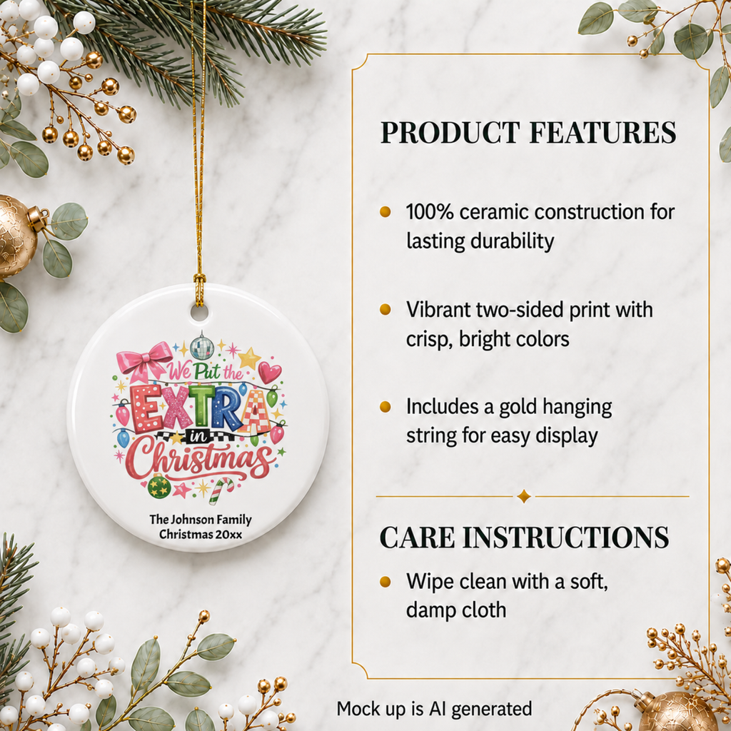 Extra in Christmas family ornament shown as a family Christmas tradition keepsake