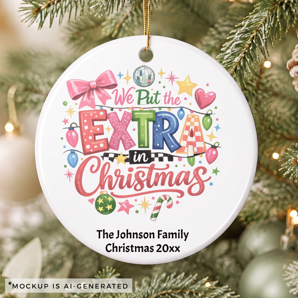 Extra in Christmas family ornament shown hanging on a Christmas tree
