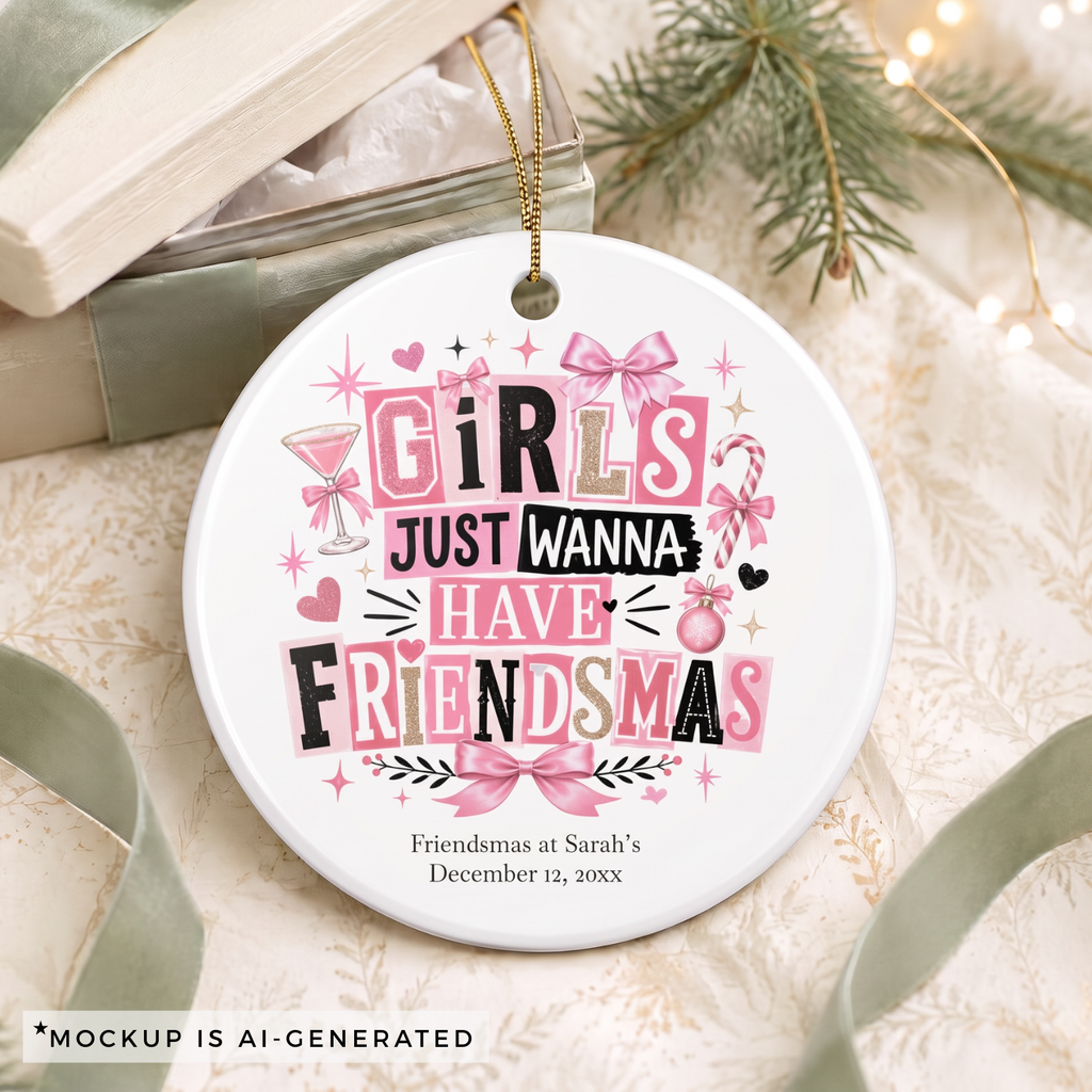 Close-up of the pink and gold retro lettering and personalized event details on the Friendsmas ornament