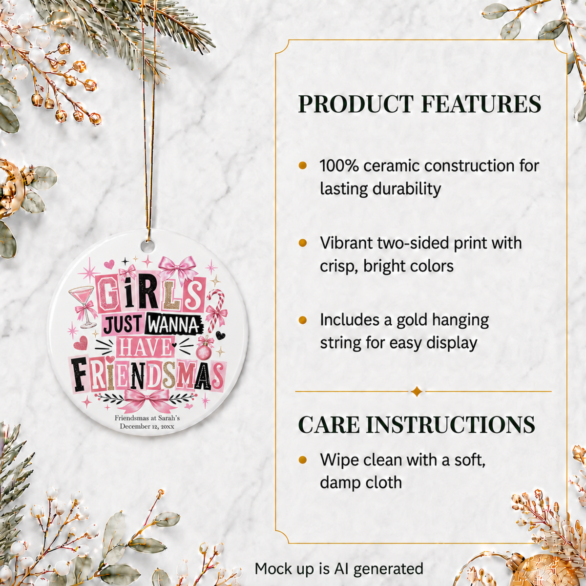 Friendsmas ornament shown as a party favor gift for a friend group Christmas gathering