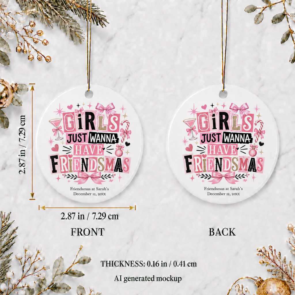 Friendsmas ornament size reference on a ceramic circle