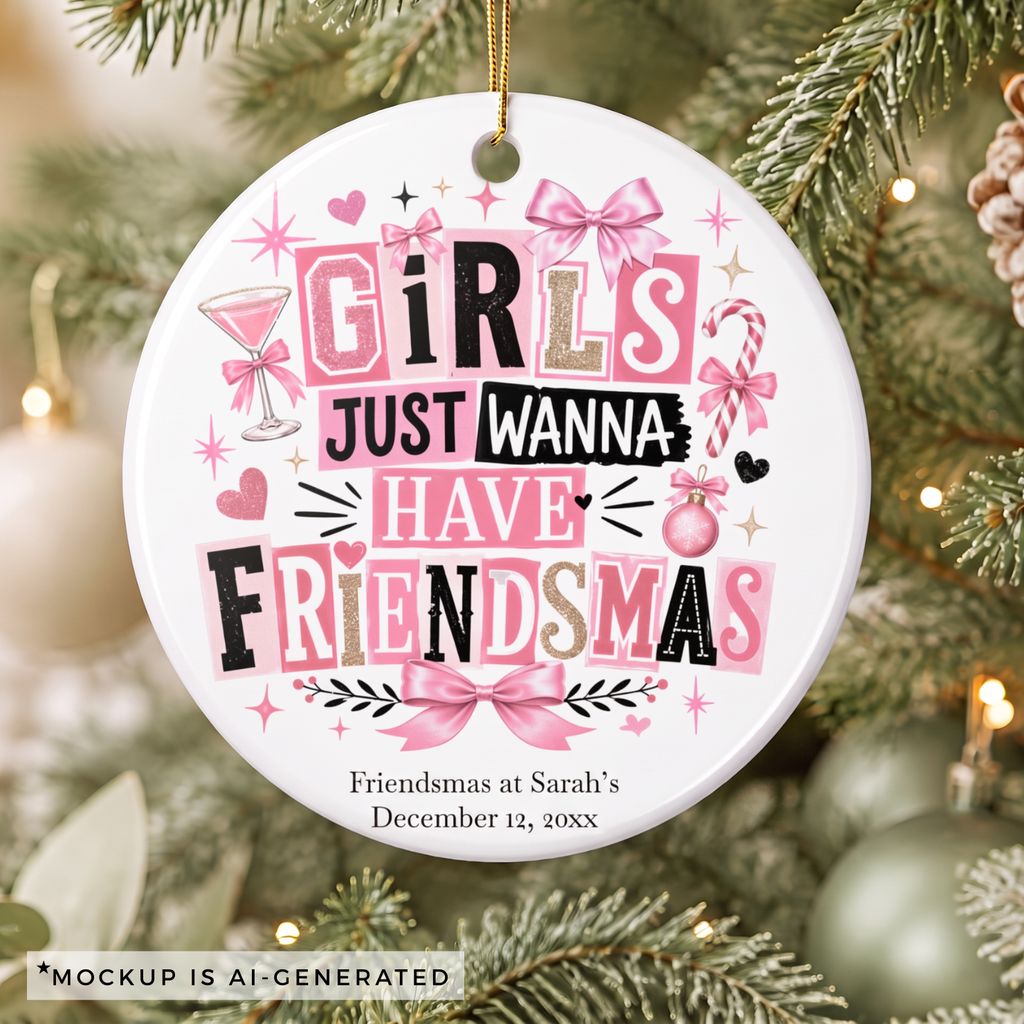 Friendsmas ornament shown hanging on a Christmas tree