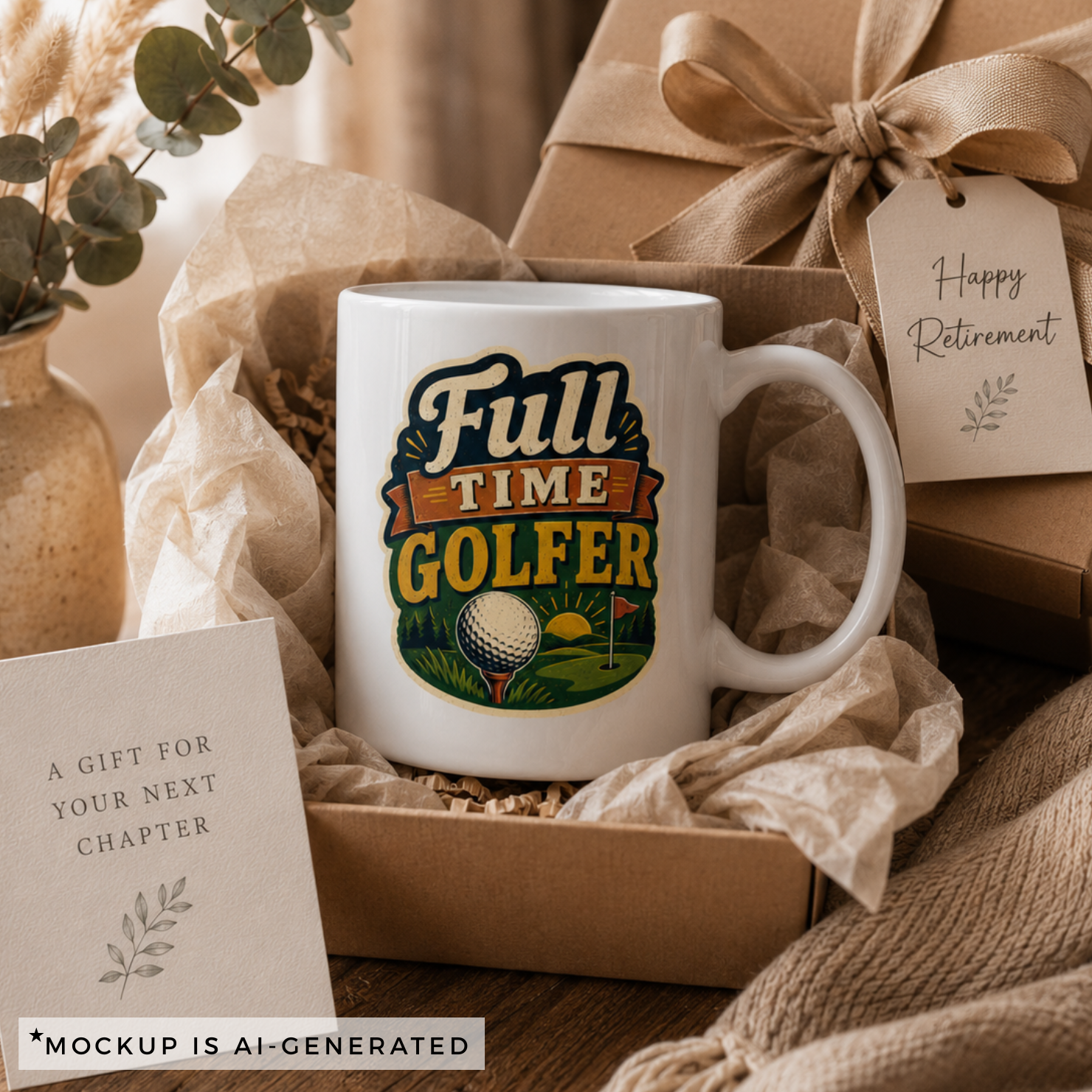 Close-up of Full Time Golfer mug - retro script typography with golf course illustration