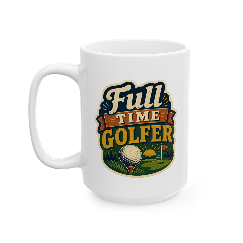 Full Time Golfer mug detail right side - bold vintage badge golf design on white ceramic