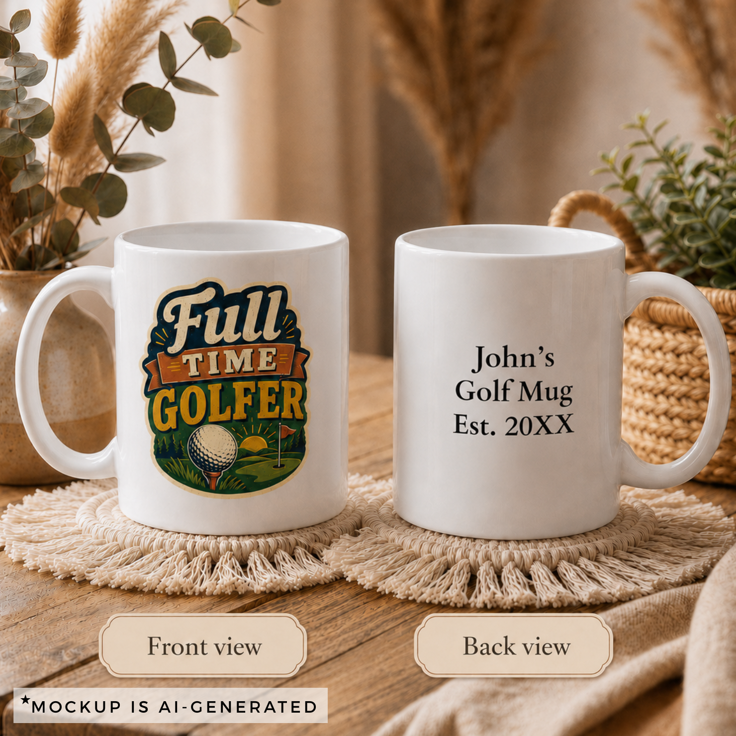 Full Time Golfer retro mug side view - vintage golf badge design on white ceramic