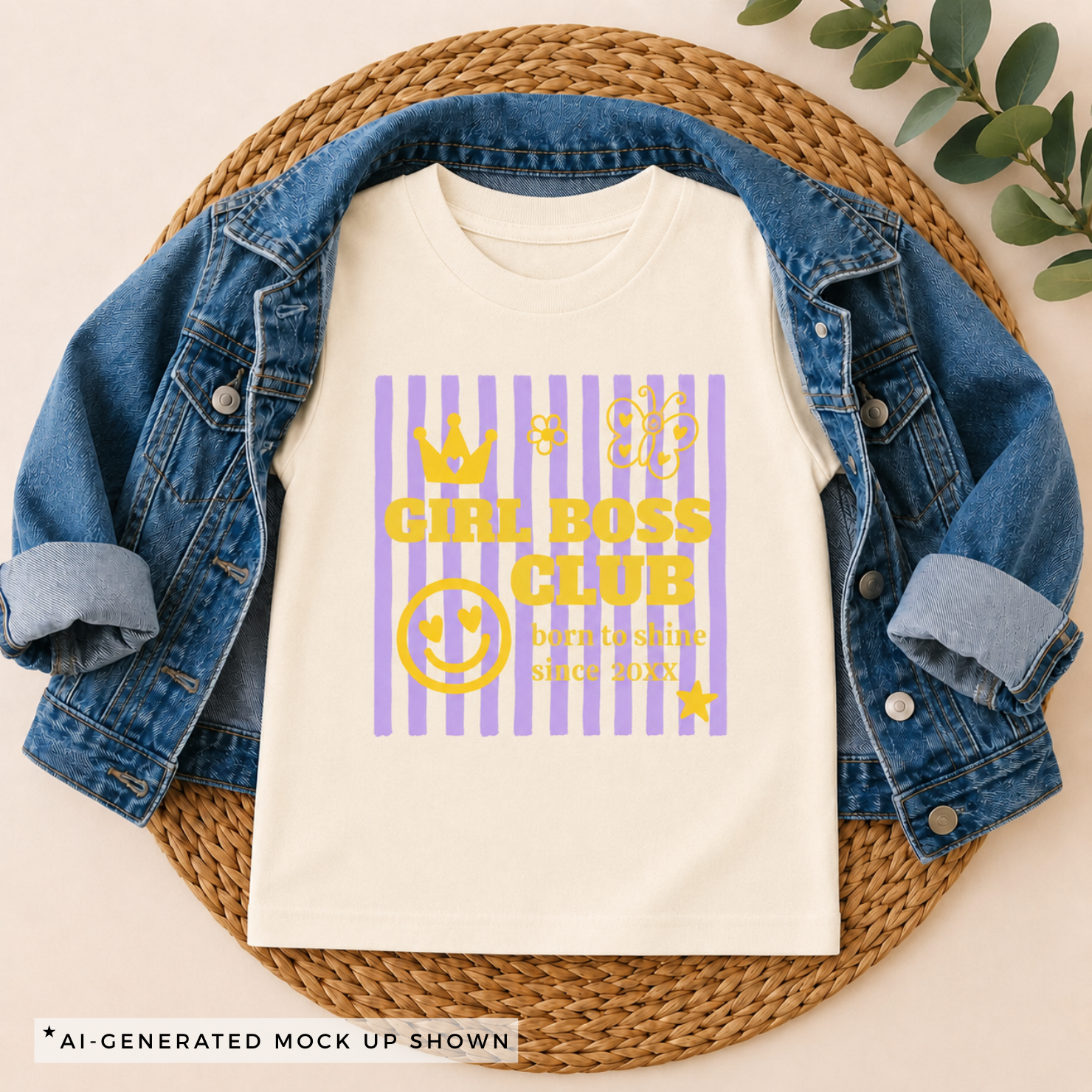 Girl Boss Club personalized kids shirt flat lay — natural color with yellow crown and smiley detail