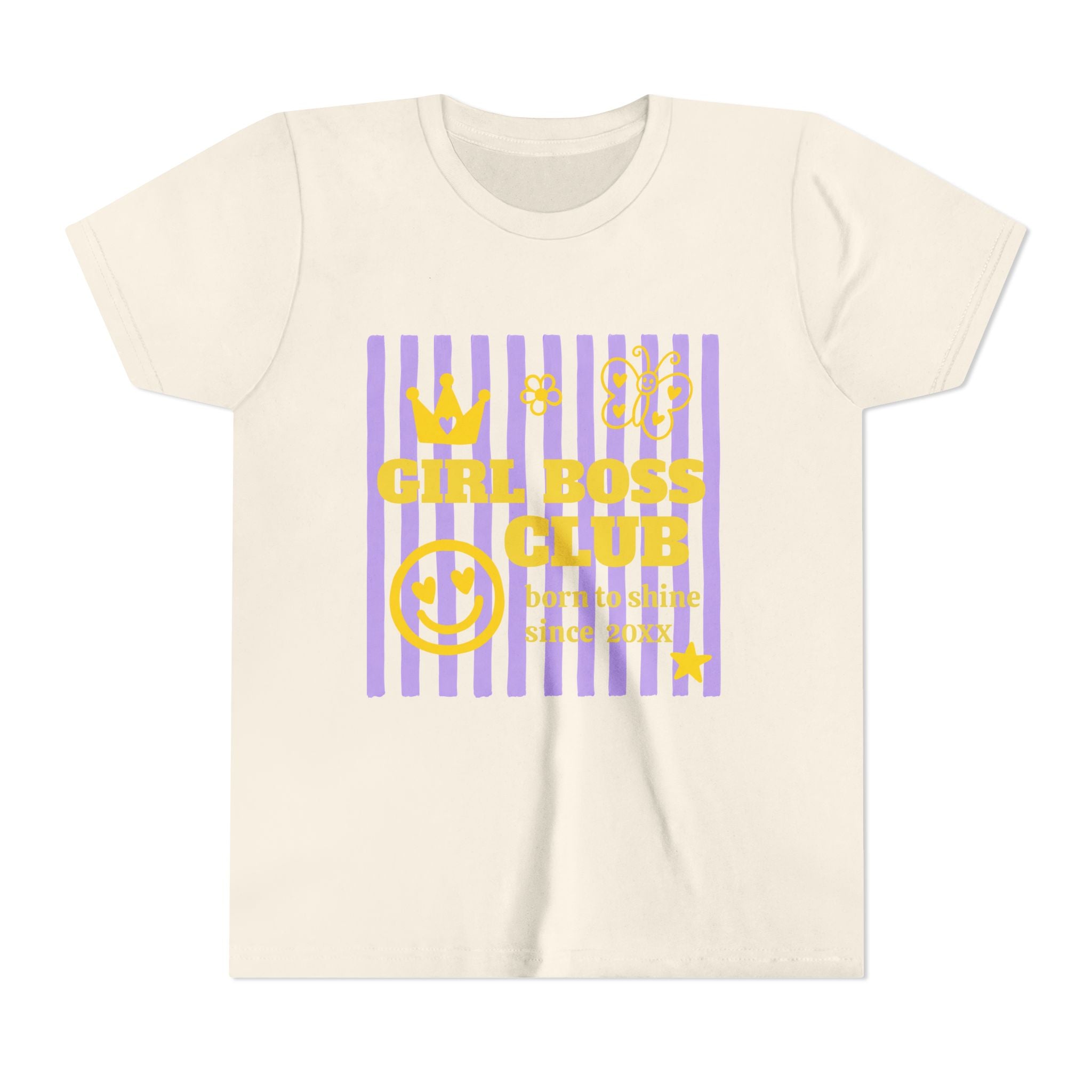 Girl Boss Club kids shirt natural color with yellow graphic, purple stripes, crown and butterfly — personalized year