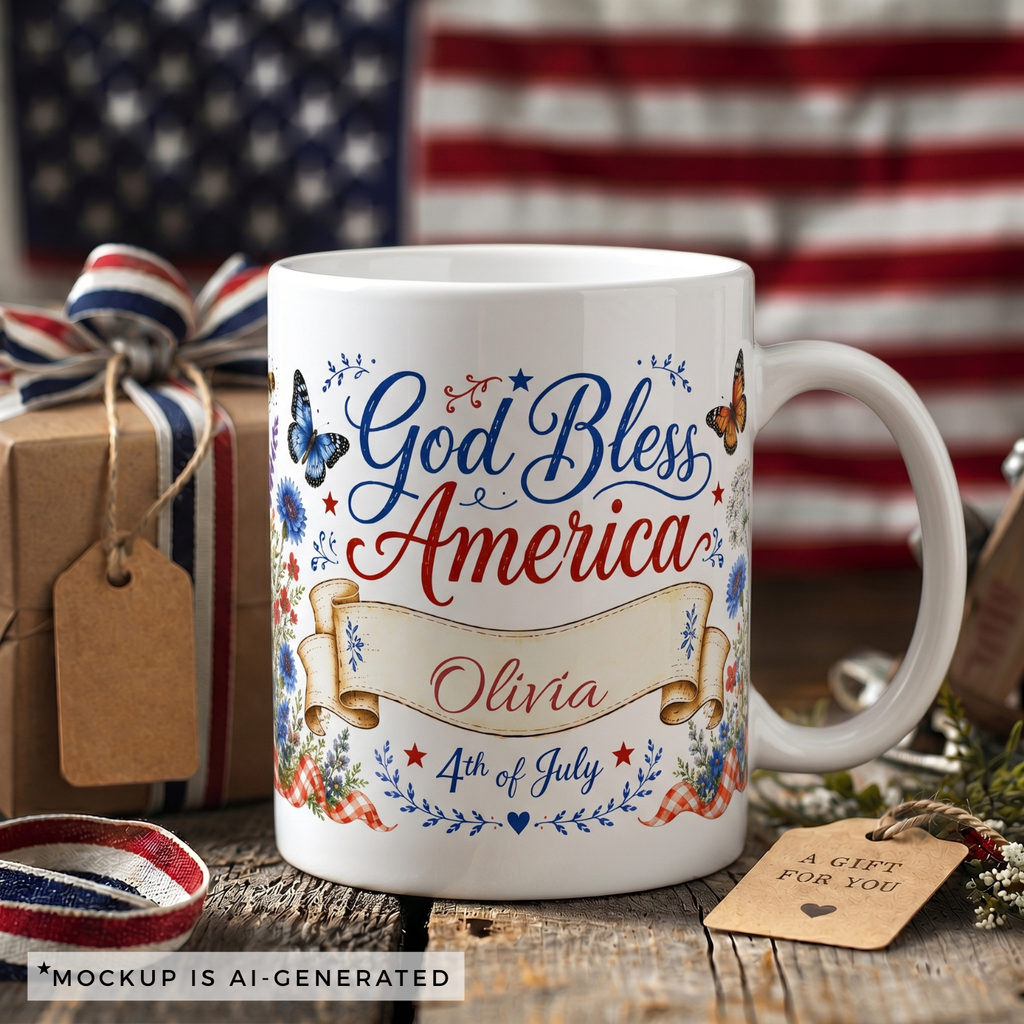 God Bless America 4th of July mug with American flag background - custom name watercolor design for patriotic gift