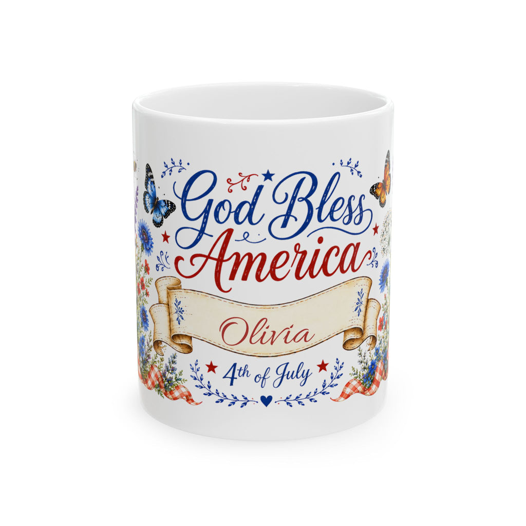 God Bless America personalized 4th of July mug - watercolor poppies daisies and lavender with custom name on white 11oz ceramic