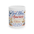 God Bless America personalized 4th of July mug - watercolor poppies daisies and lavender with custom name on white 11oz ceramic