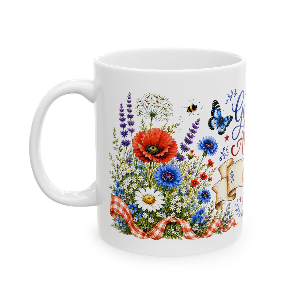 God Bless America mug size guide - 11oz white ceramic with personalized name and patriotic watercolor design