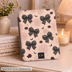 Close-up of gothic coquette Kindle cover - detailed black lace bow pattern with dark roses bats and crescent moons on blush