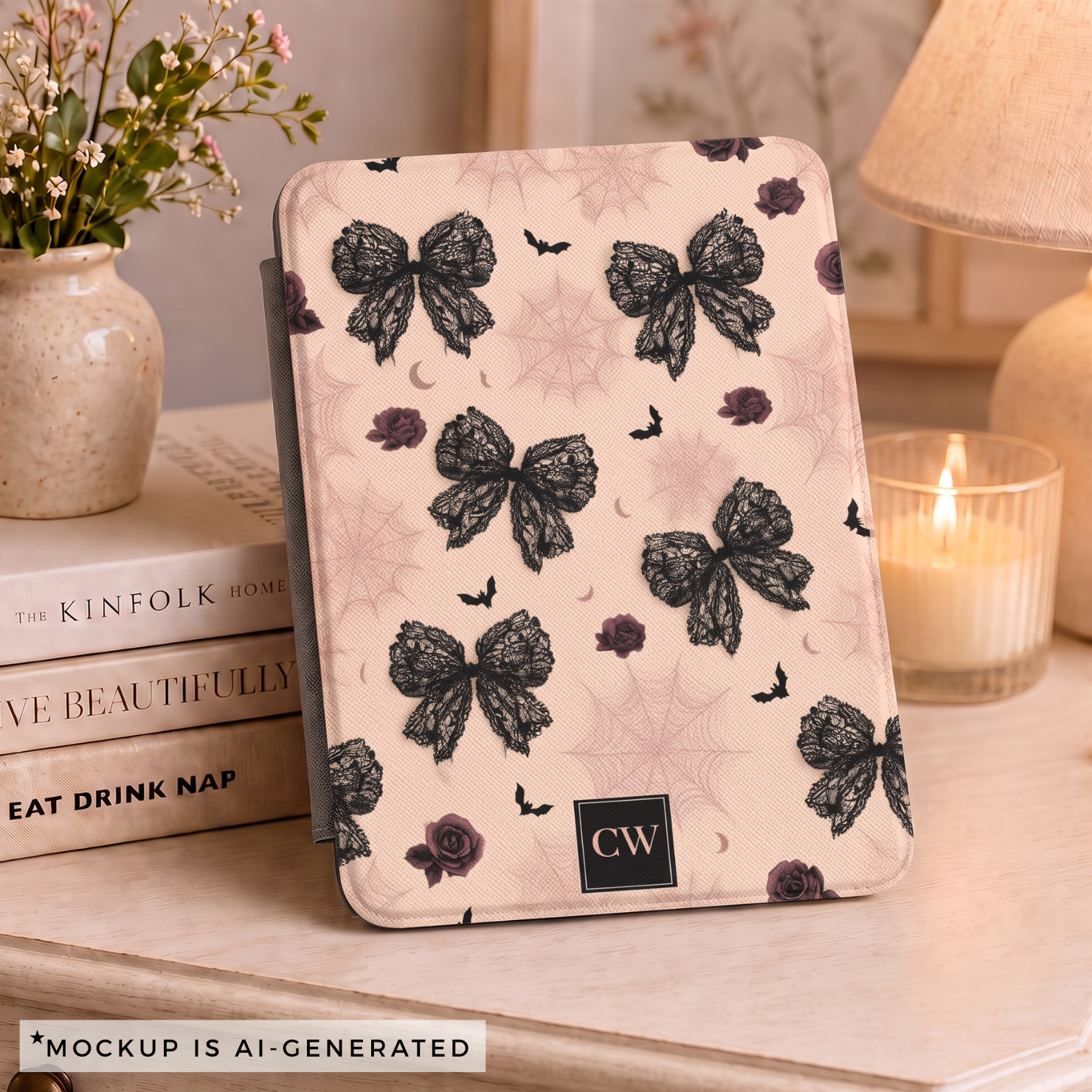 Close-up of gothic coquette Kindle cover - detailed black lace bow pattern with dark roses bats and crescent moons on blush