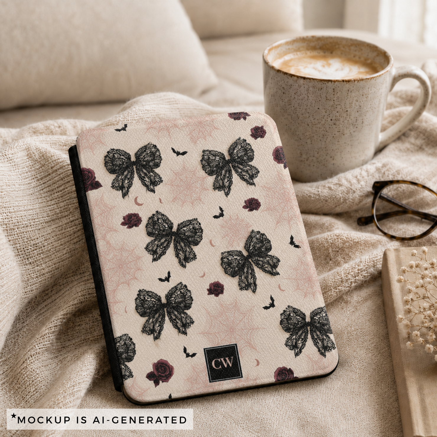 Gothic coquette Kindle cover flat lay - black lace bows burgundy roses bats and spiderwebs on blush pink with personalized initials