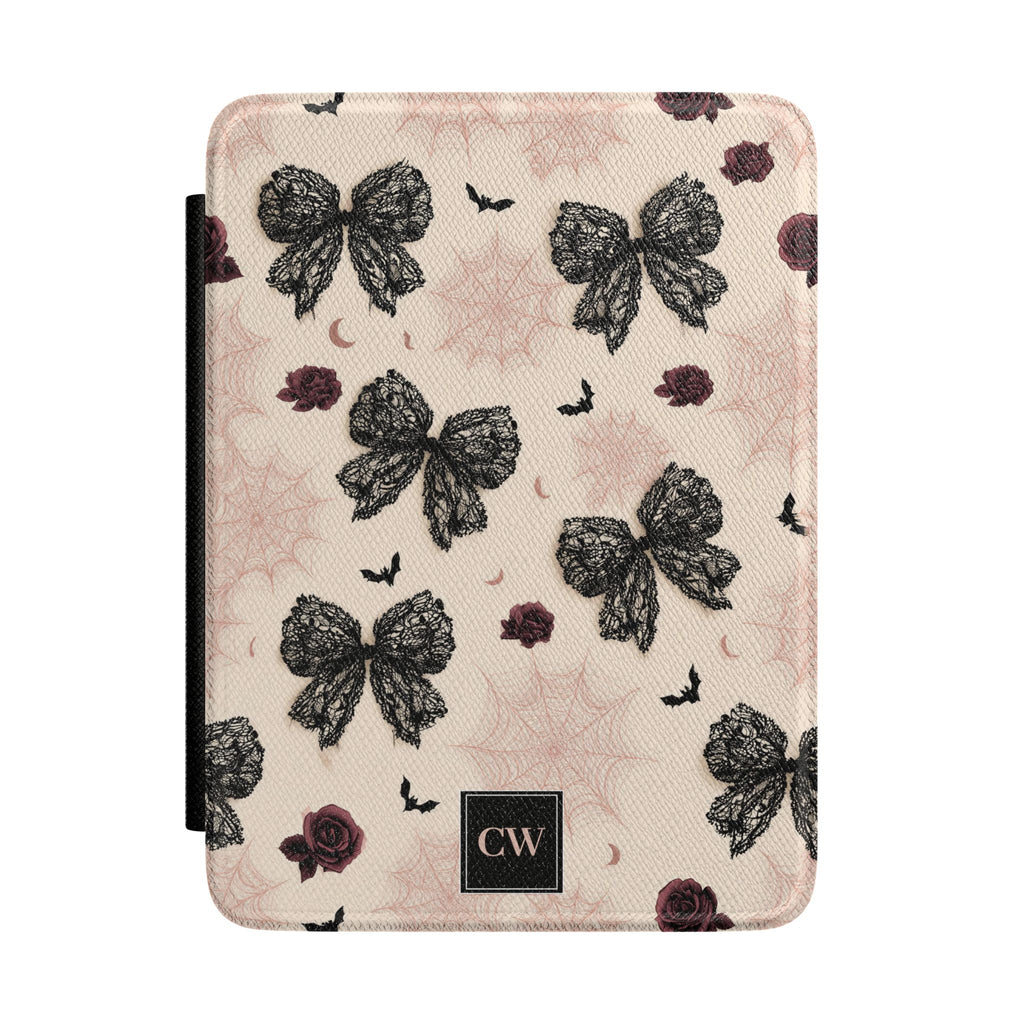 Gothic coquette lace bow personalized Kindle cover - black lace bows dark roses bats crescent moons and spiderweb on blush pink with custom initials