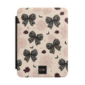 Gothic coquette lace bow personalized Kindle cover - black lace bows dark roses bats crescent moons and spiderweb on blush pink with custom initials