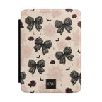 Gothic coquette lace bow personalized Kindle cover - black lace bows dark roses bats crescent moons and spiderweb on blush pink with custom initials