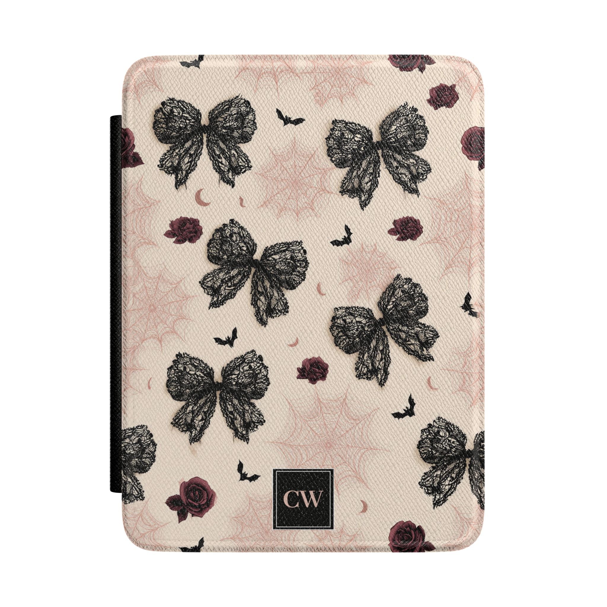 Gothic coquette lace bow personalized Kindle cover - black lace bows dark roses bats crescent moons and spiderweb on blush pink with custom initials