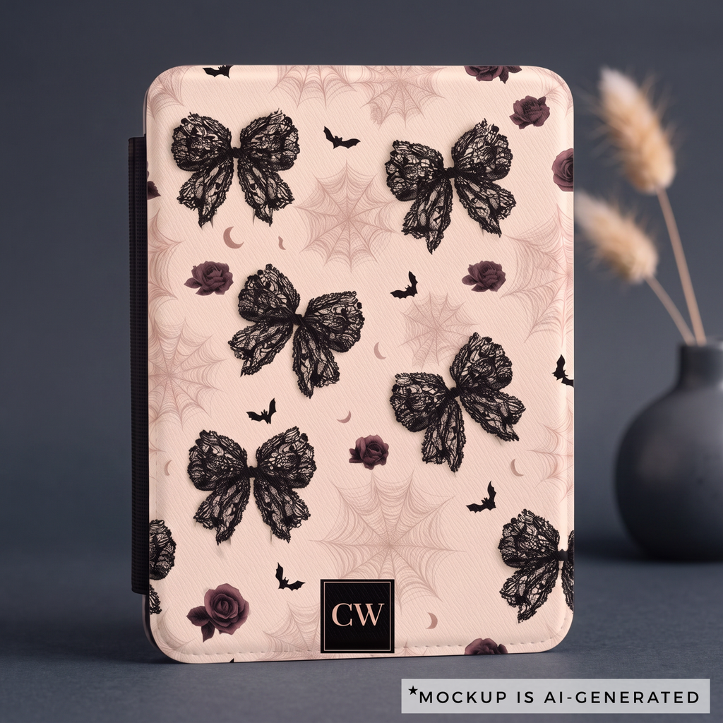 Personalized gothic coquette Kindle cover initials detail - custom initials in dark monogram block on lace bow design