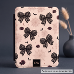 Personalized gothic coquette Kindle cover initials detail - custom initials in dark monogram block on lace bow design