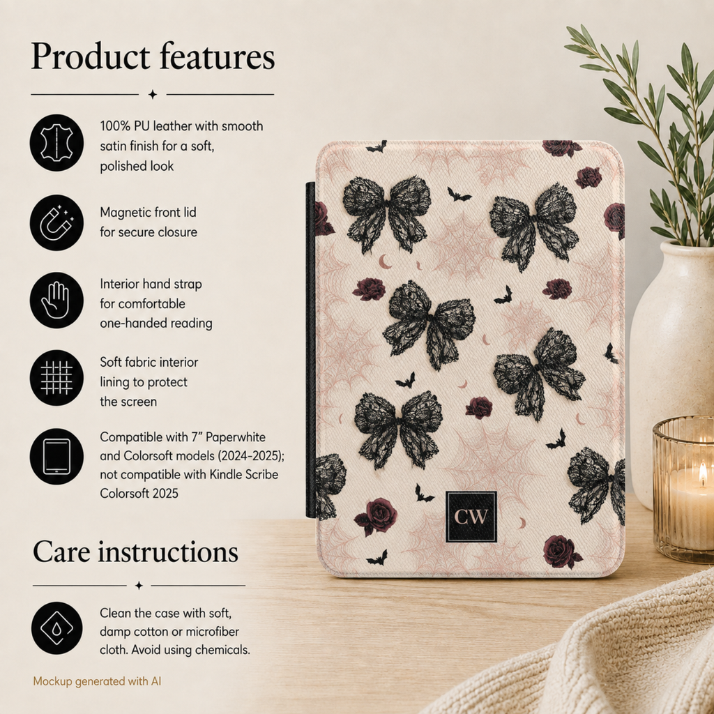 Gothic coquette lace bow Kindle cover side view - slim protective case with lace bow design and custom initials for Paperwhite 2024