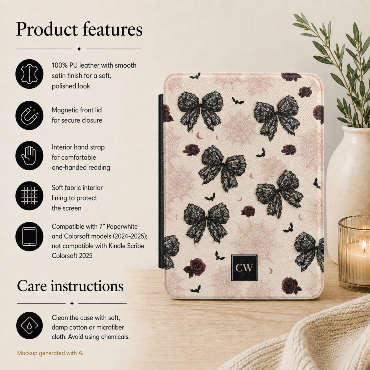 Gothic coquette lace bow Kindle cover side view - slim protective case with lace bow design and custom initials for Paperwhite 2024