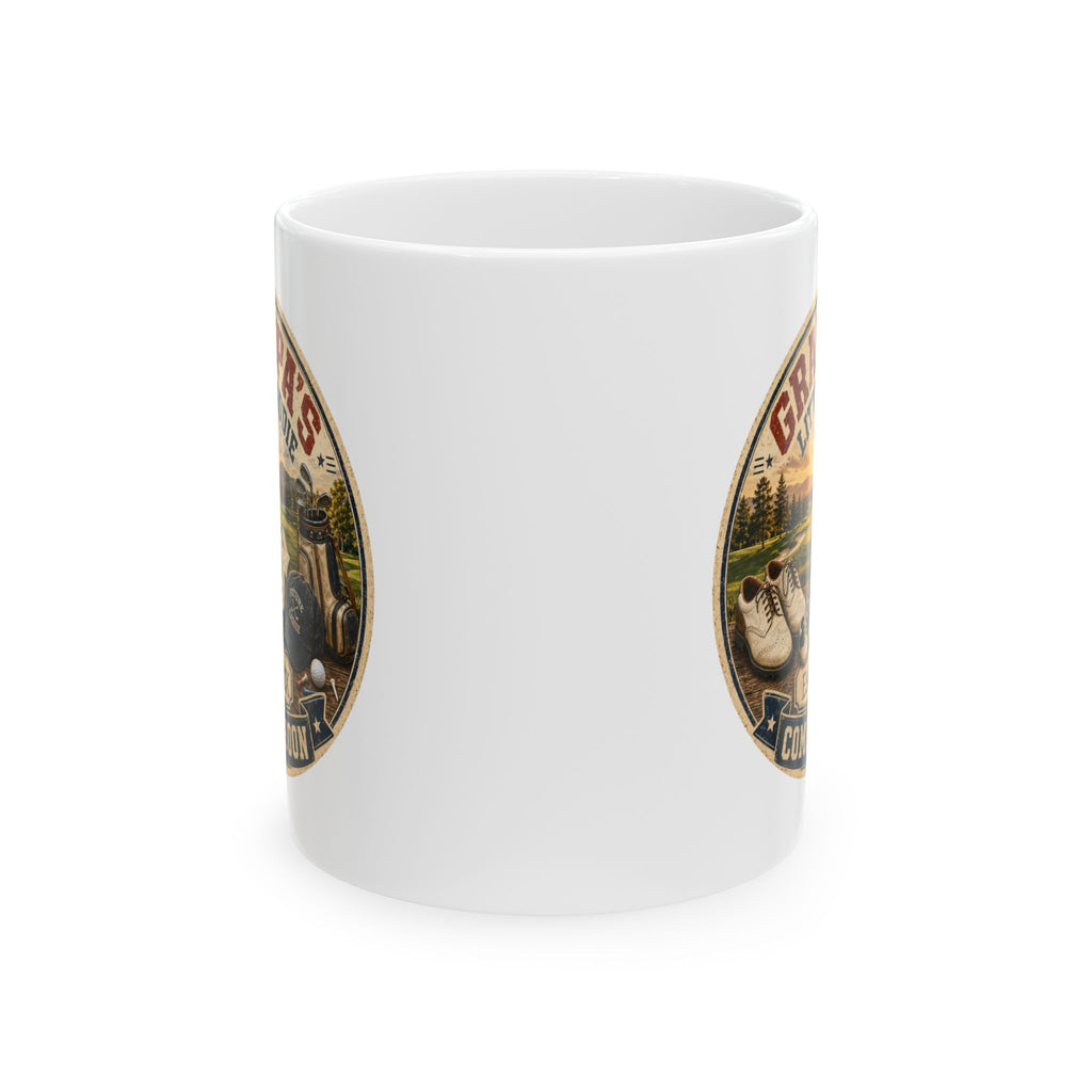 Golf grandpa gift mug 11oz - vintage badge pregnancy reveal with Est 20XX and Coming Soon banner
