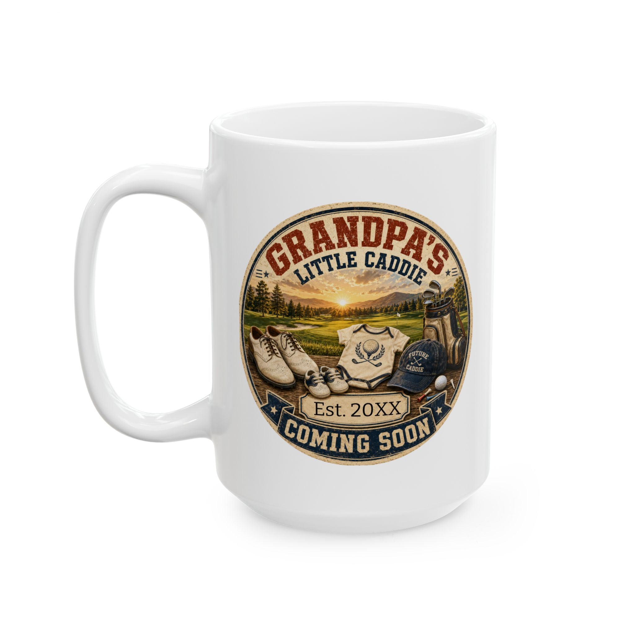 Personalized pregnancy announcement mug for golf grandpa - 15oz white ceramic with vintage badge design