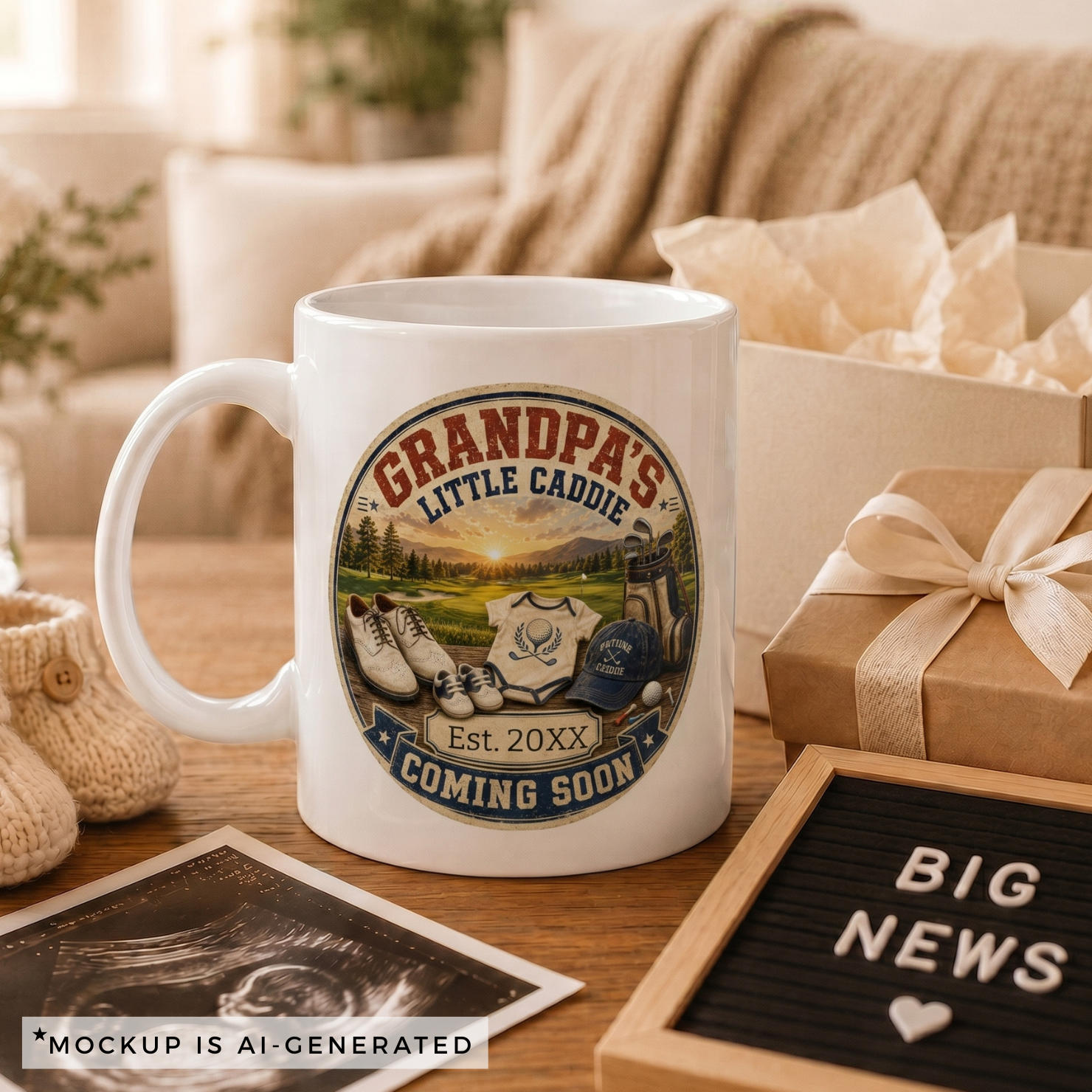Close-up of Grandpas Little Caddie mug badge - vintage golf scene with baby onesie golf shoes and Future Caddie cap