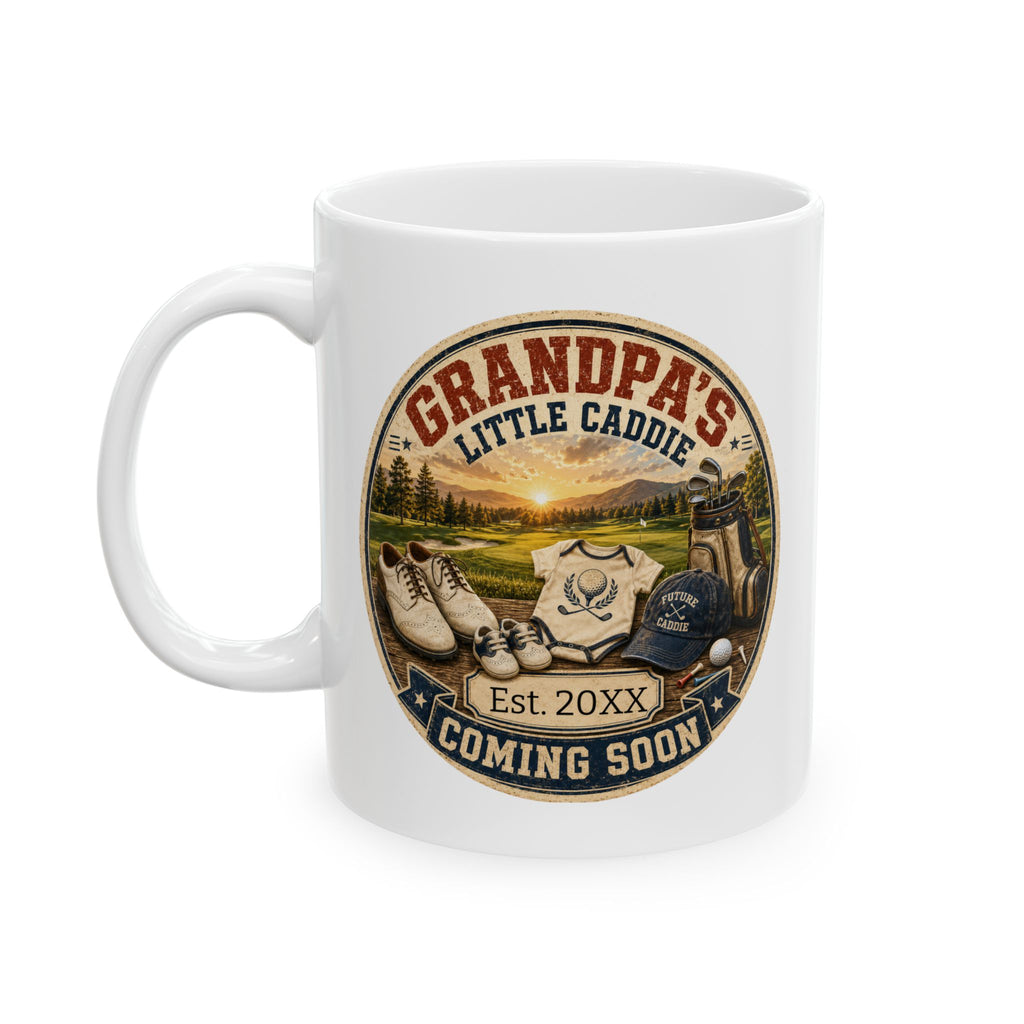 Pregnancy announcement mug for golf loving grandpa - personalized with baby arrival year on white ceramic