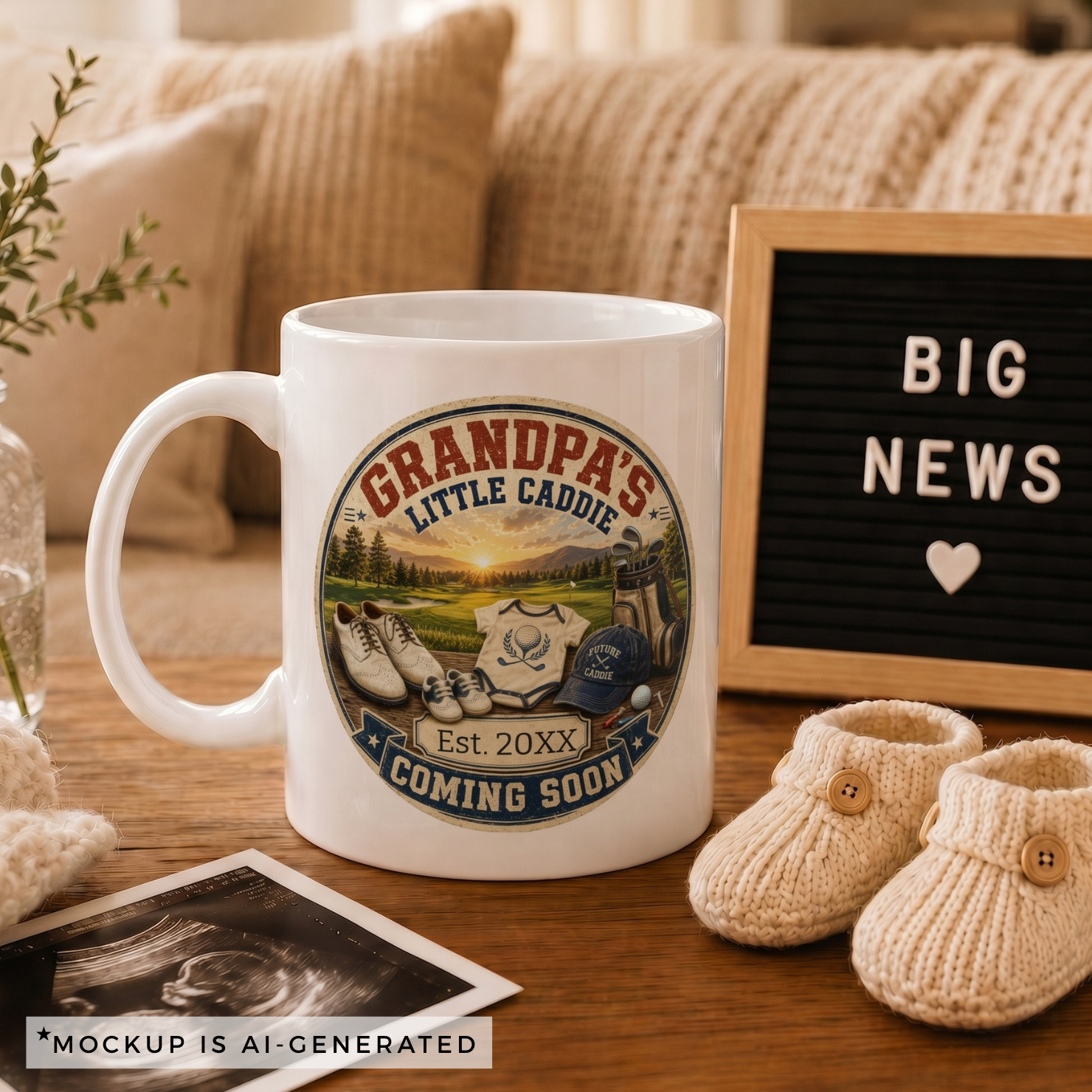Pregnancy reveal mug for golf grandpa - Est 20XX Coming Soon circular badge design on white ceramic