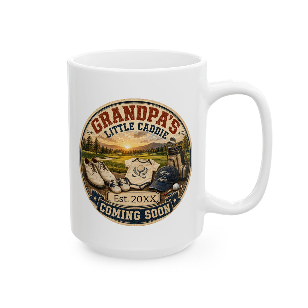 Grandpas Little Caddie mug in home setting - unique pregnancy reveal keepsake gift for golf loving grandfather