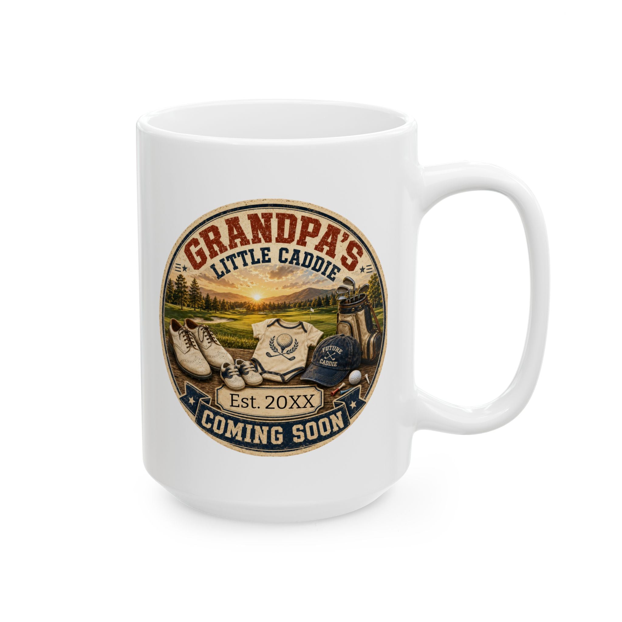 Grandpas Little Caddie mug in home setting - unique pregnancy reveal keepsake gift for golf loving grandfather
