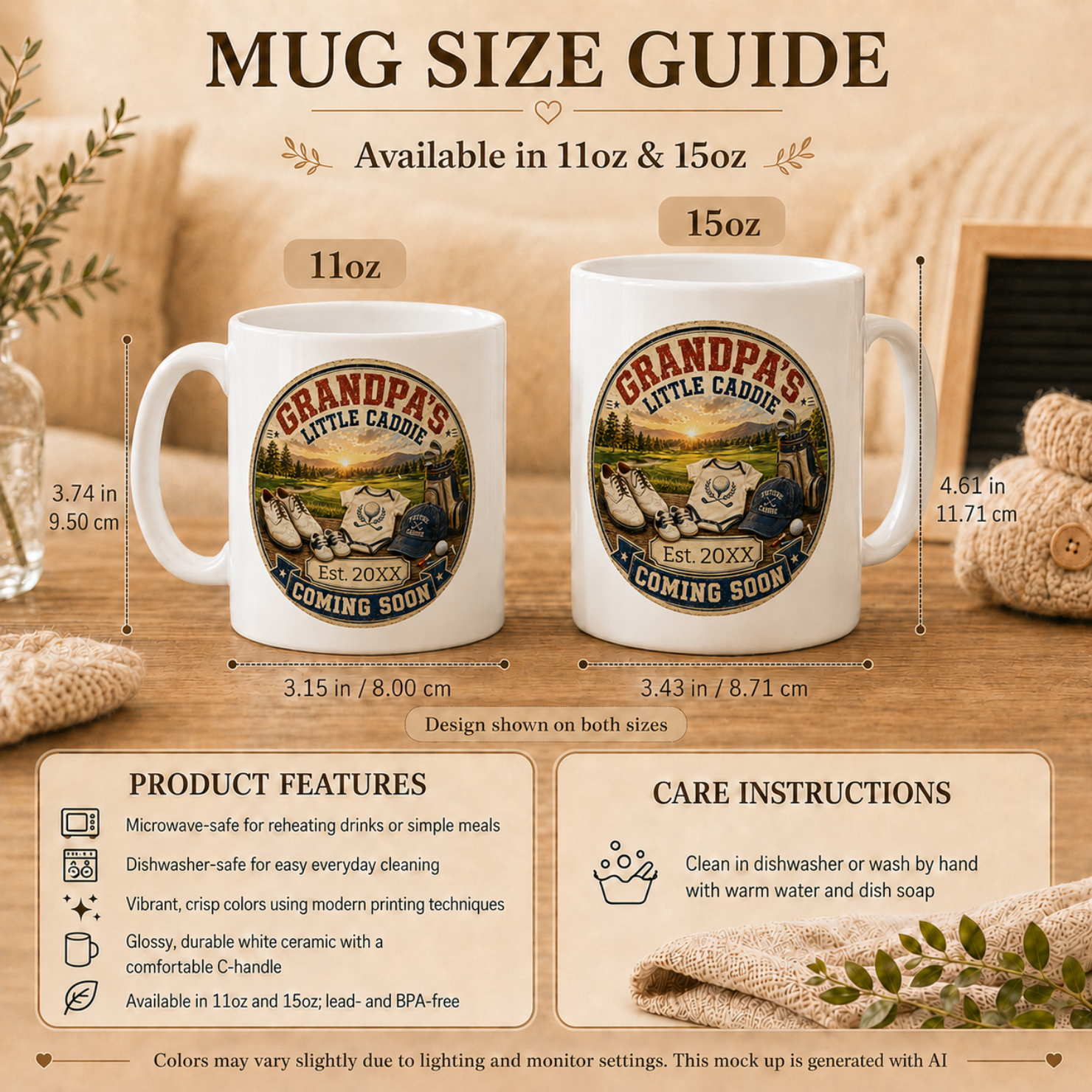 Grandpas Little Caddie pregnancy mug left side view - Coming Soon ceramic mug gift for new grandpa golfer