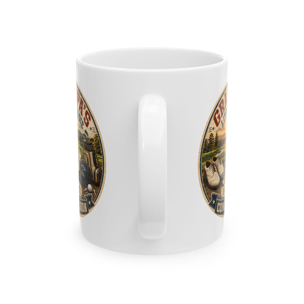 New grandpa golf mug pregnancy reveal gift - white ceramic with golf course illustration and baby announcement design