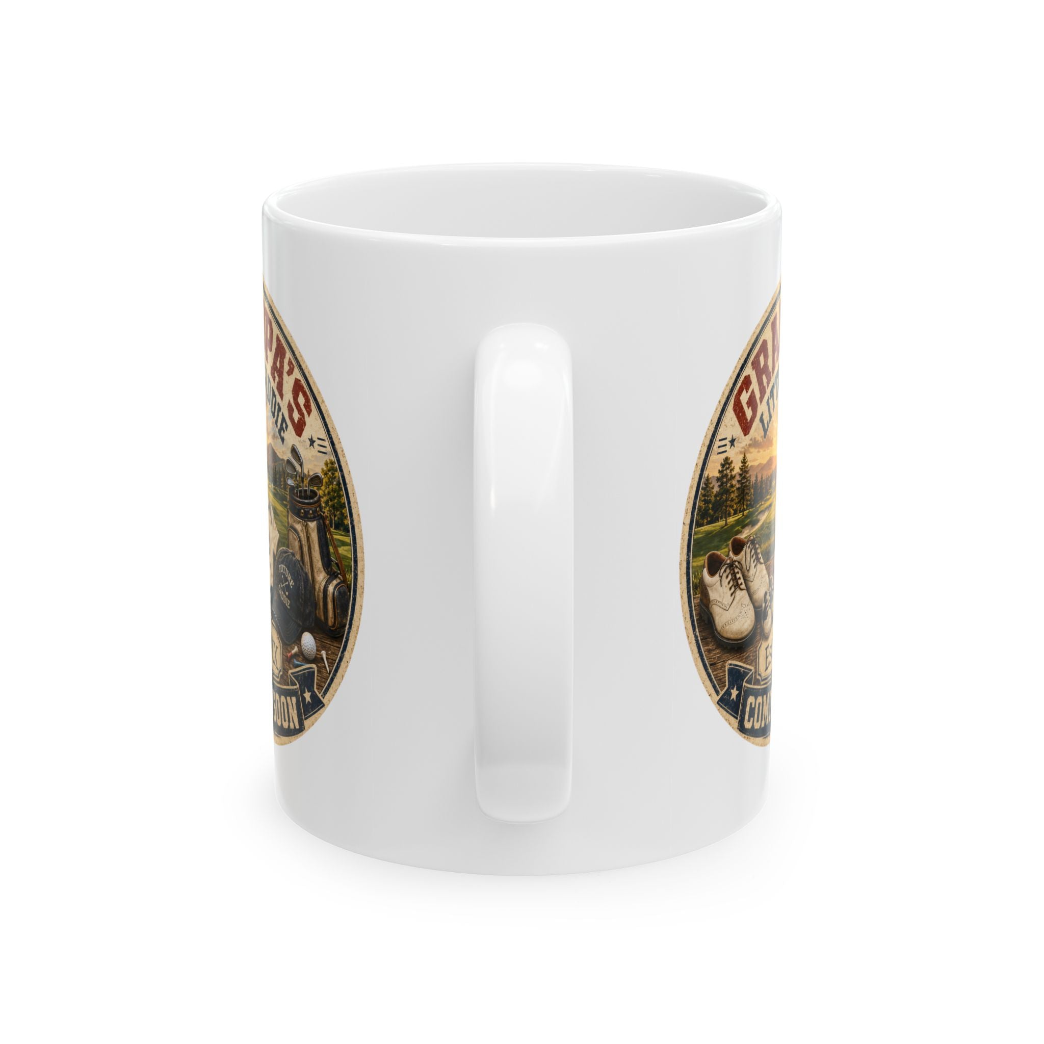 New grandpa golf mug pregnancy reveal gift - white ceramic with golf course illustration and baby announcement design