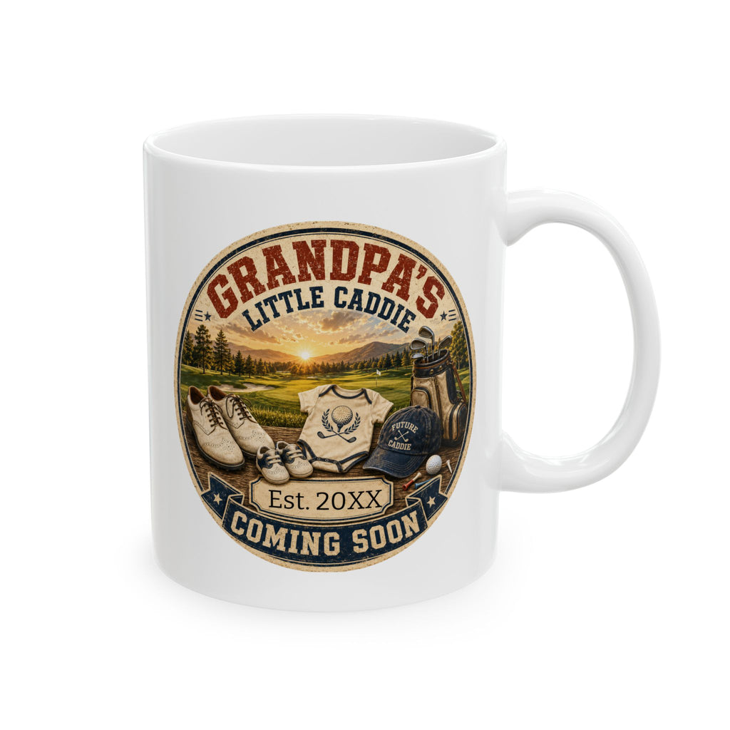 Grandpas Little Caddie pregnancy announcement mug - vintage badge design with golf course sunset and Future Caddie cap on white 11oz ceramic