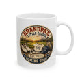 Grandpas Little Caddie pregnancy announcement mug - vintage badge design with golf course sunset and Future Caddie cap on white 11oz ceramic