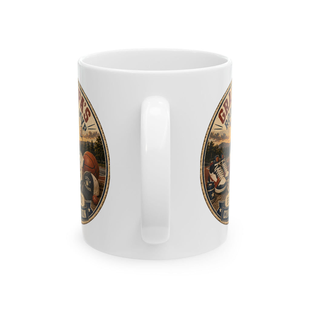 Basketball grandpa gift mug 11oz - vintage badge pregnancy reveal with Est 20XX and Coming Soon banner