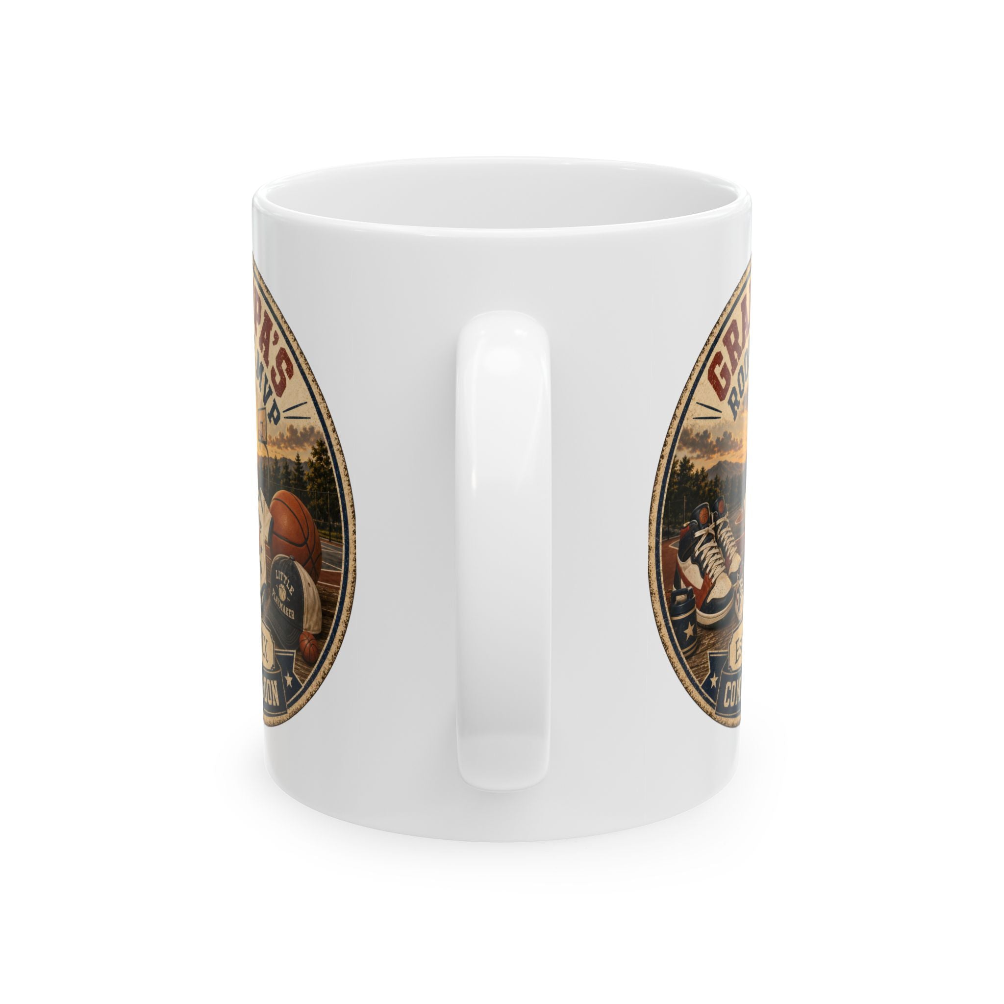 Basketball grandpa gift mug 11oz - vintage badge pregnancy reveal with Est 20XX and Coming Soon banner