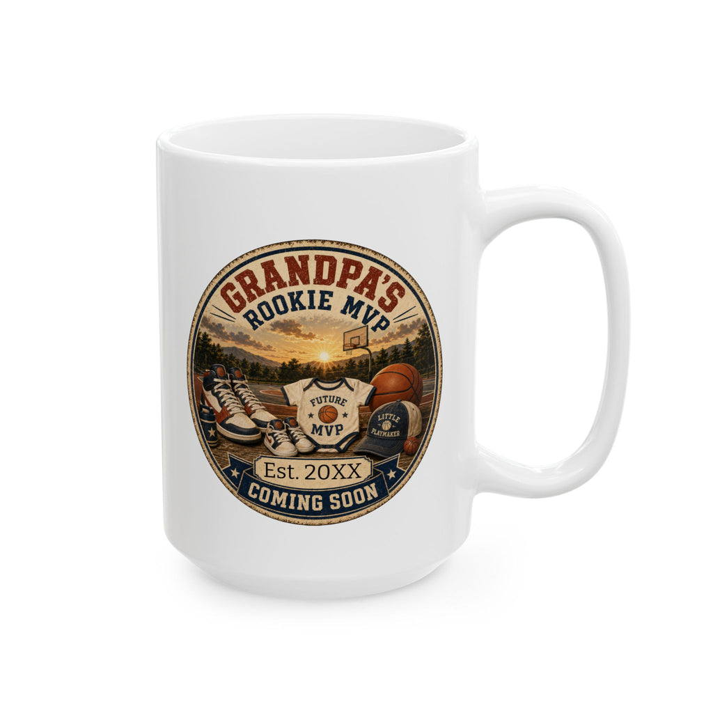 Personalized pregnancy announcement mug for basketball grandpa - 15oz white ceramic with vintage badge design