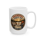 Personalized pregnancy announcement mug for basketball grandpa - 15oz white ceramic with vintage badge design