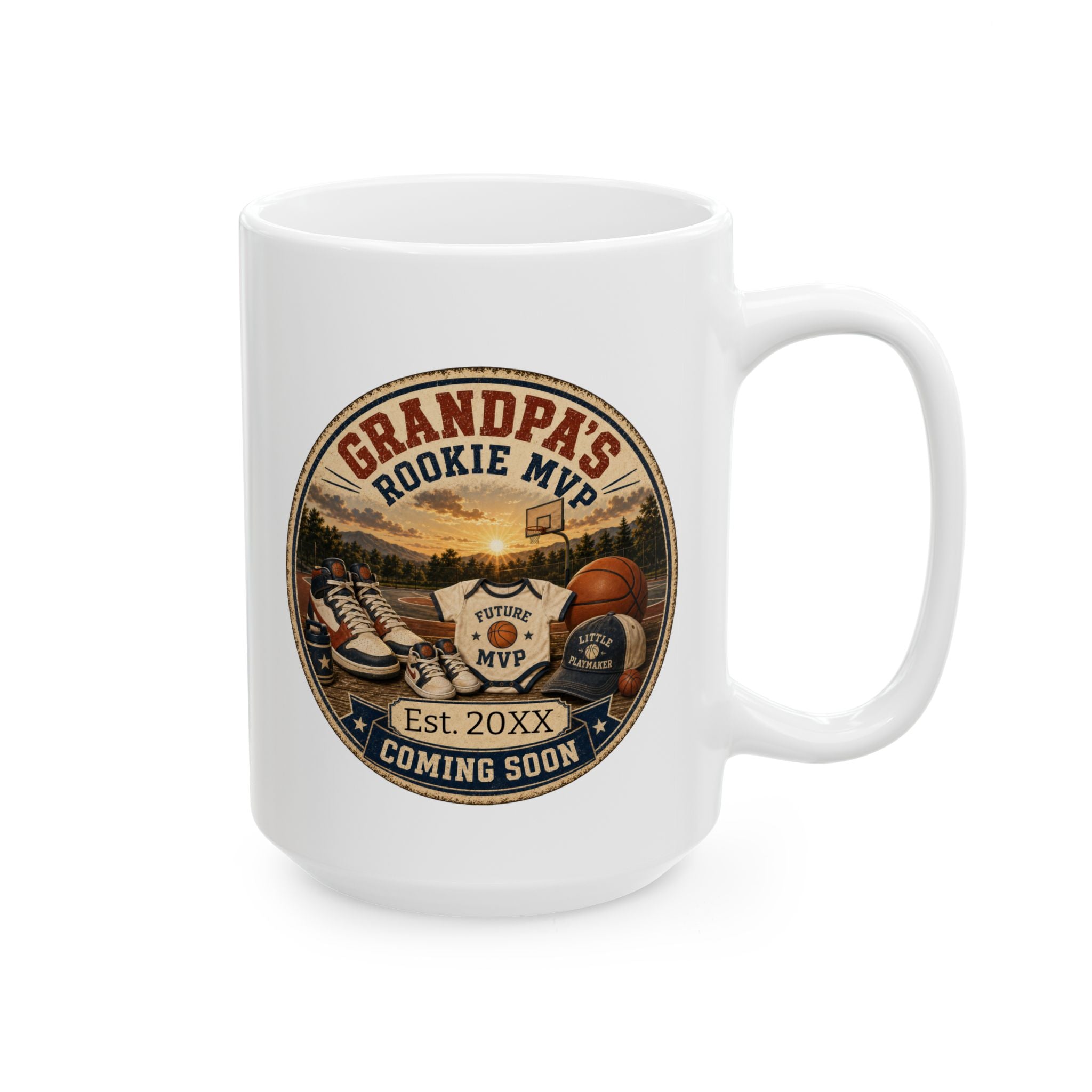 Personalized pregnancy announcement mug for basketball grandpa - 15oz white ceramic with vintage badge design