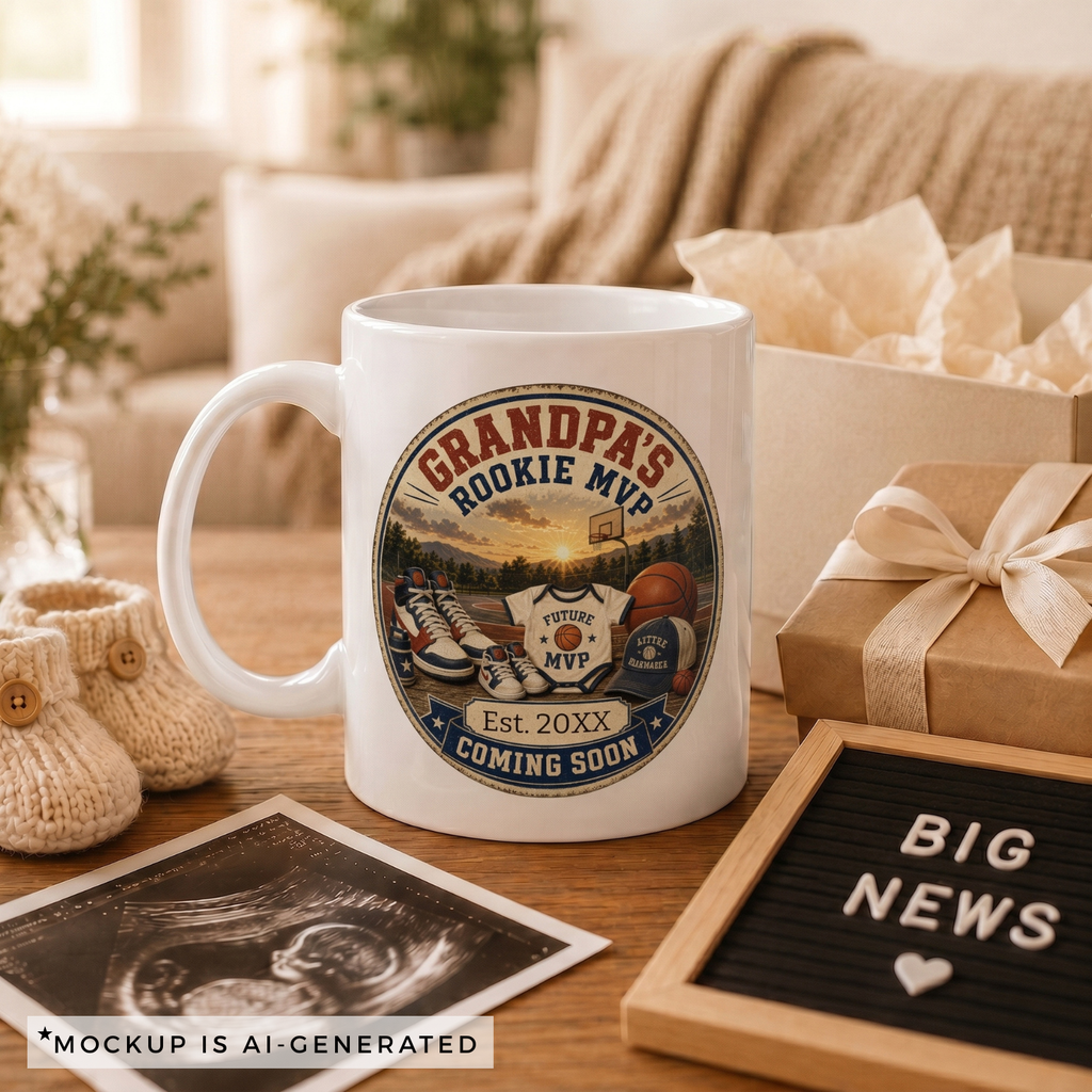 Close-up of Grandpas Rookie MVP mug badge - vintage basketball scene with Little Playmaker cap and Future MVP onesie
