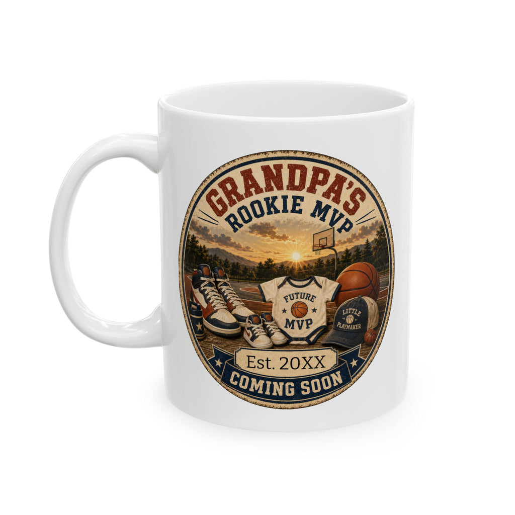 Pregnancy announcement mug for basketball loving grandpa - personalized with baby arrival year on white ceramic
