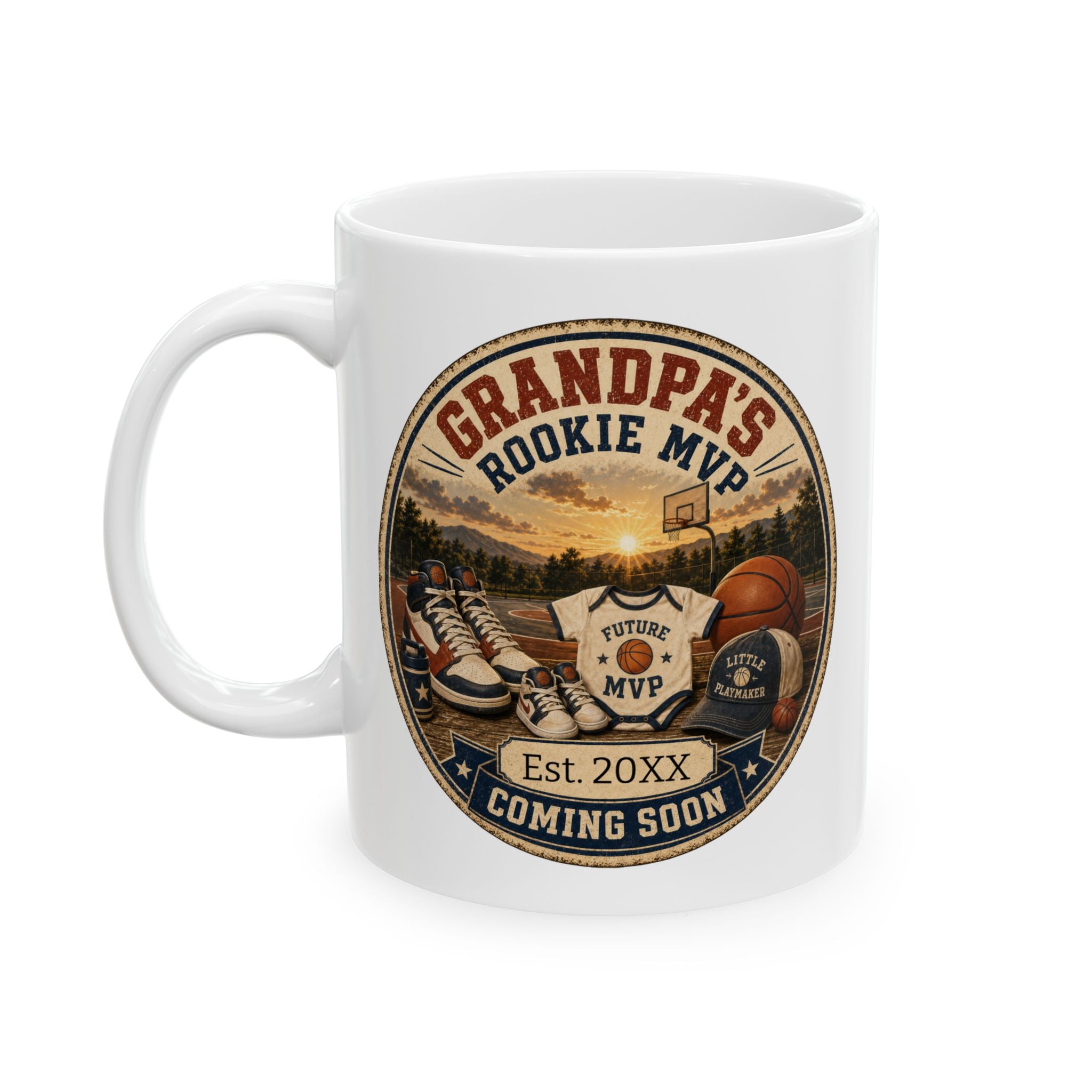Pregnancy announcement mug for basketball loving grandpa - personalized with baby arrival year on white ceramic