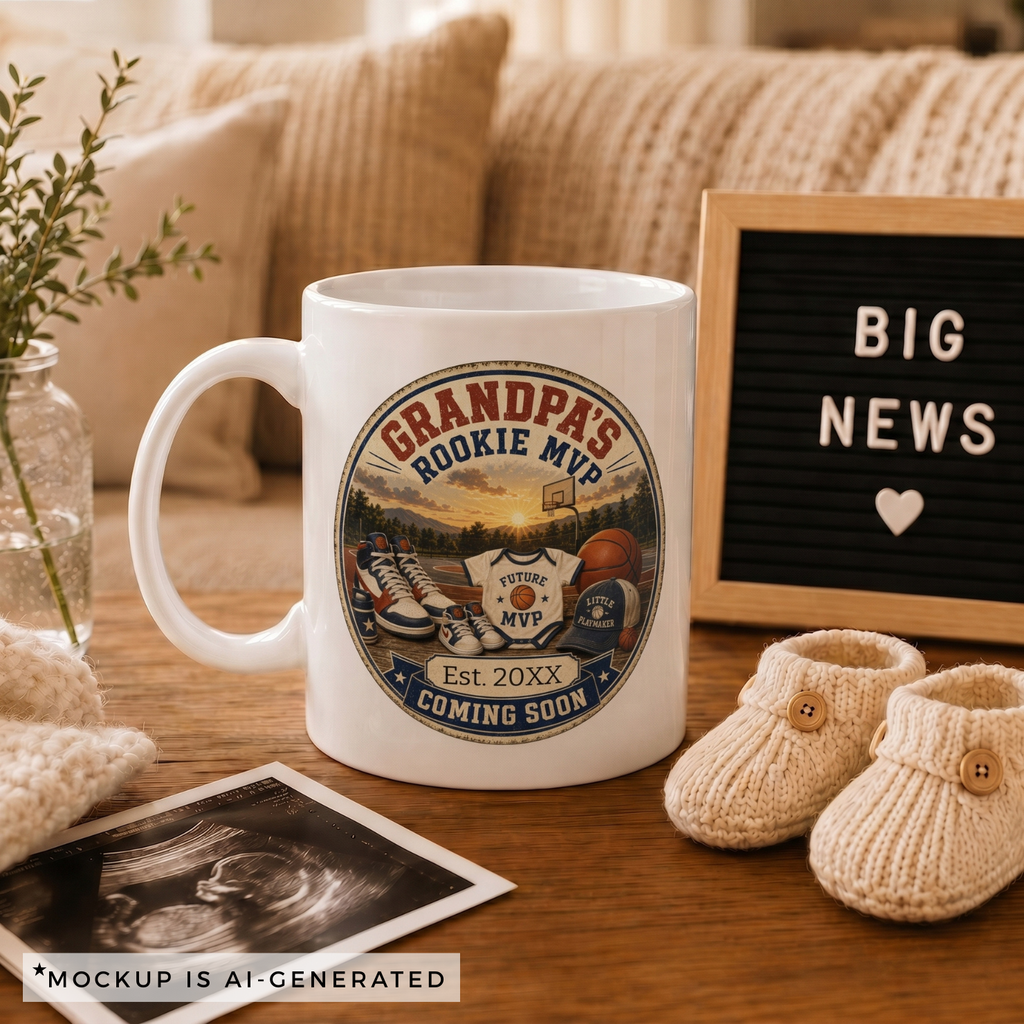 Pregnancy reveal mug for basketball grandpa - Est 20XX Coming Soon circular badge design on white ceramic